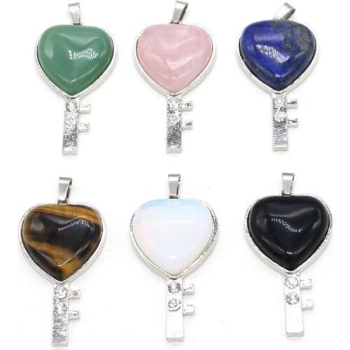 Natural stone Pendant Amethysts Metal Alloy key Heart Shape Exquisite charms For jewelry making DIY Necklace accessories 25x50mm