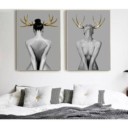 Modern Simple Fashion Sexy Golden Deer Canvas Painting Art Printing Poster Pictures Wall Bedroom Living Room Home Decoration