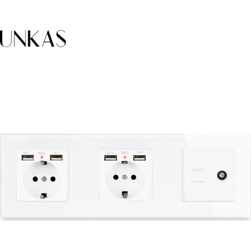 Glass Panel Dual EU Standard Electric Socket with 4 USB Charging Port Female TV Jack + Internet Computer Data RJ45 CAT5E