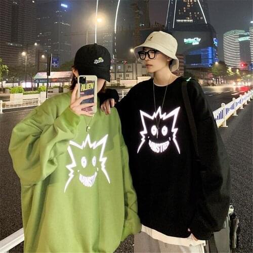 Cotton Couple Devil Print Hoodie Girl Japan Oversize Tops Autumn Fashion Women Casual Harajuku Reflective Gothic Sweatshirt