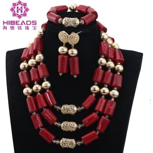 Traditional Wedding Beads Jewelry Sets Wine Red Coral Beaded Bridal Jewelry Sets Gold Nigerian Dubai Jewelry Sets CNR829