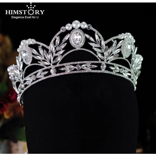 HIMSTORY Baroque Vintage Gold Crystal Pearl Beads Tiaras Rhinestone Queen Crowns Wedding Hair Accessories Luxury Headband