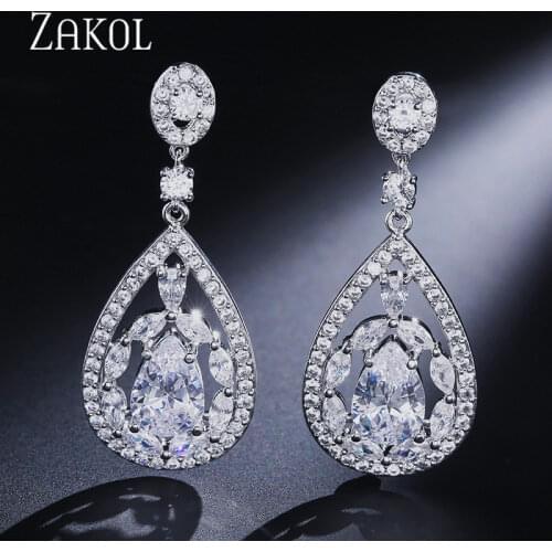 ZAKOL Classic Micro Pave AAA + CZ Stone Drop Earrings Hollow Water Drop Shape Wedding Bridal Jewelry FSEP673
