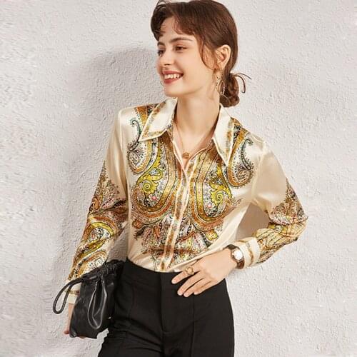 100% Silk Blouse Women Shirt Casual Style Fixed Printed Vintage Turn-down Neck Long Sleeves Elegant Blouses New Fashion