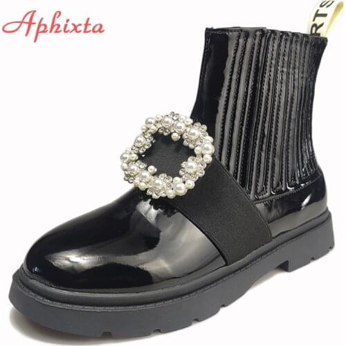 Aphixta Pearl Women Boots Fashion Round Toe Bling Crystals Buckle Ankle Martns Boots Slip-on Crystal Shoes Woman Boats