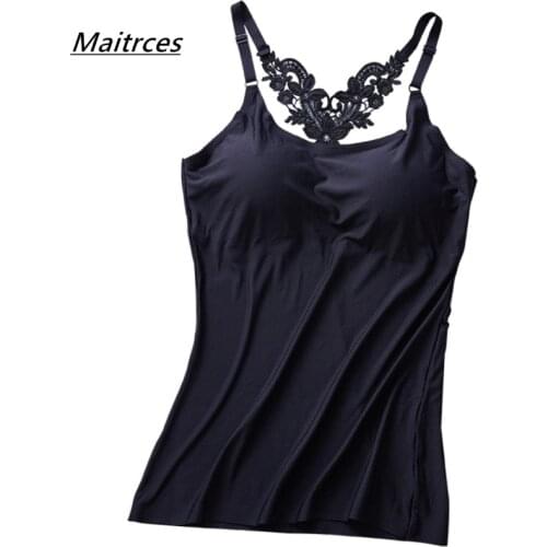 2019 Camis Summer Sexy embroidered Backless Women Tank Tops Sexy Slim Lady Built In Bra Self Mold Bra Tops Strap Camisole TX060