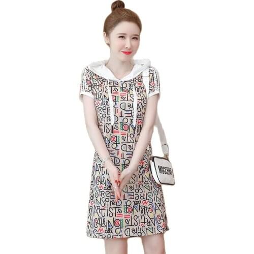 Fashion Printing Cover Belly Dress Women 2021 Summer Female Short Sleeve Thin Hooded Casual Mid-length T-shirt Dresses Lady B