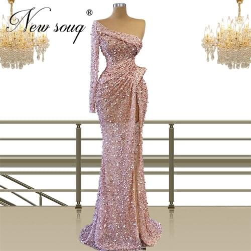 Shiny Pink Beading Evening Dresses 2021 Robe De Soiree Turkish Couture Dubai Prom Dress Women Celebrity Gowns For Party Night