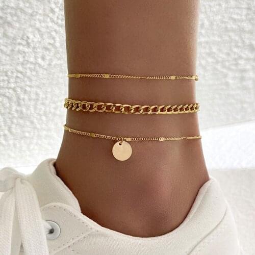 3Pcs/Set Fashion Gold Chain Anklets Set Vintage Geometric Sequins Pendant Multilayer Anklets for Women Beach Jewelry Accessories
