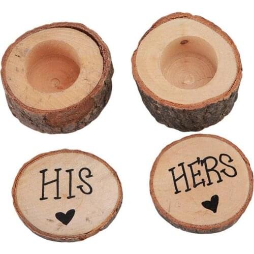 40%HOT 2Pcs His Hers Rustic Round Wooden Ring Jewelry Storage Box Case Wedding Supplies
