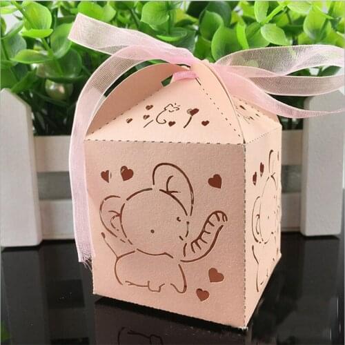 50pcs Cute Elephant Laser Cut Hollow Carriage Favors Box Gifts Candy Boxes With Ribbon Baby Shower Wedding Event Party Supplies