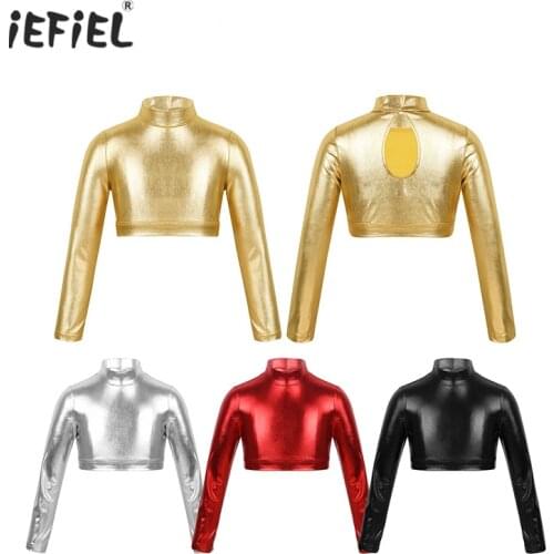 Long Sleeves Glossy Shiny Metallic Crop Top Kids Girls Rave Outfits T-Shirts Mock Neck Short Crop Tops Workout Stage Performance