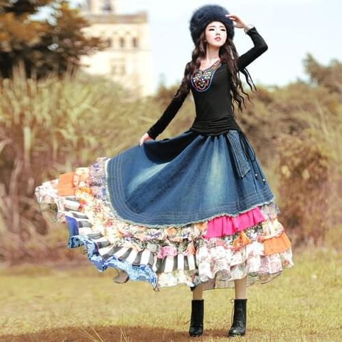 BOSHOW Autumn Original Design Women Vintage&Retro Bohemia Rustic Denim Chiffon Patchwork Novelty Asymmetrical Long Skirt
