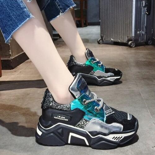 Brand Autumn Women Sneakers Fashion Glitter Mixed colors Thick soles Chunky Sneakers Wedges Increase Casual Shoes Woman K1-41