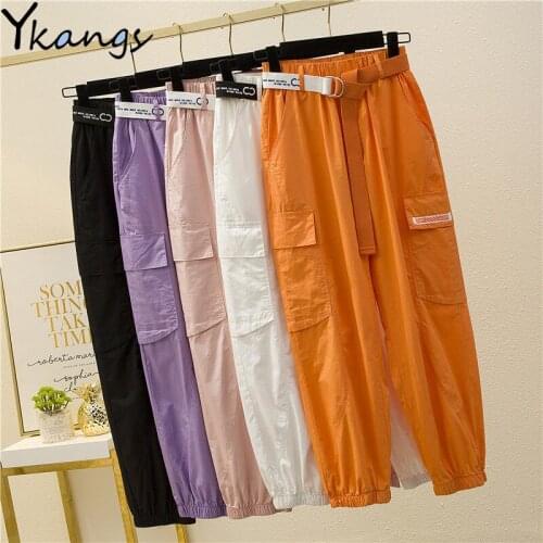 With Belt Solid Pocket Cargo Pants Joggers Women Streetwear Harajuku Sweatpants for Women Womens Sports Pants High Waist Pants