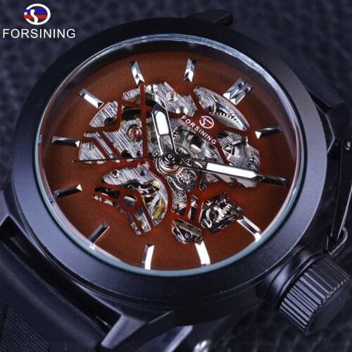 Forsining Sport Cycling Military Design Brown Dial Silicone Band Men Watches Top Brand Luxury Automatic Skeleton Watch Clock Me
