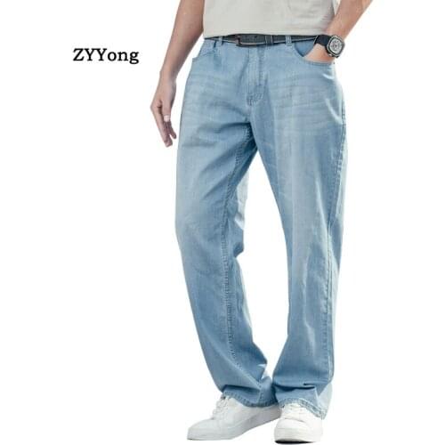Summer Thin Section Men Jeans Wide Leg Denim Pants Loose Hip Hop Skateboard Elastic Jeans Straight Blue Trousers Baggy Pants
