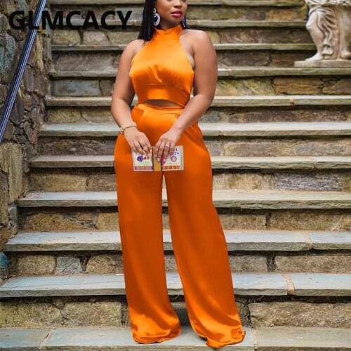 Two Piece Silky Satin Suits Sleeveless Crop Top & Loose Pants Set