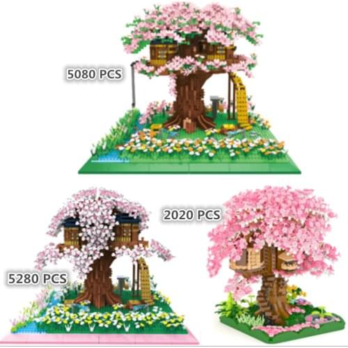 5820P+ Tree House Architecture Blocks Dream Romantic Sakura Home 3D Model DIY Flower Mini Building Small Brick Toy For Children