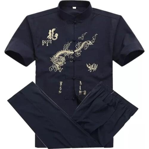 Chinese Men Cotton Kung Fu Suit Embroidery Wu Shu Uniform Tai Chi Clothing Short Sleeve Shirt+Pant M L XL XXL XXXL