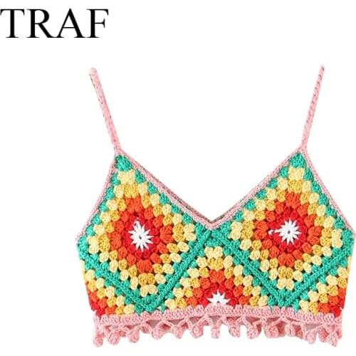 TRAF Womens Clothing Crop Top Fashion Chic Handmade Hollow Out Crochet Geometric Ladies Tanks Summer Knitted Multicolor Tops