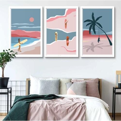 Sunset Beach Seaview Wall Art Pictures Surfing Landscape Posters and Prints Nordic Canvas Painting for Girl Gift Home Decor