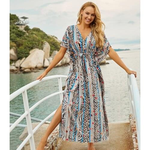 Sexy Bikini Cover-ups Cotton Tunic Boho Striped Summer Beach Dress Elegant Women Plus Size Beach Wear Swim Suit Cover Up Q1105