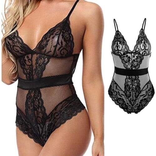 Sexy Sleepwear Women See-through Deep V Lace Hollow Mesh Backless Bodycon Sleepwear Plus Size Erotic Babydoll Black Underwear