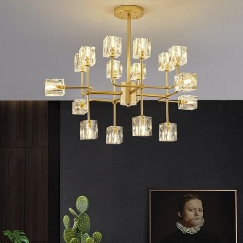 Nordic Post Modern Creativity Lighting Iron Brass Led Chandelier Pendant Light Ice Crystal Chandelier led Square Crystal