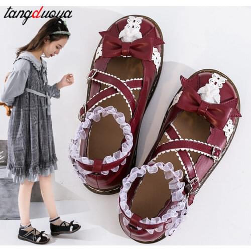 Women shoes red white Lolita womens shoes bow Merlot Japanese Lolita shoes lace girl round head middle heel Lolita single shoes