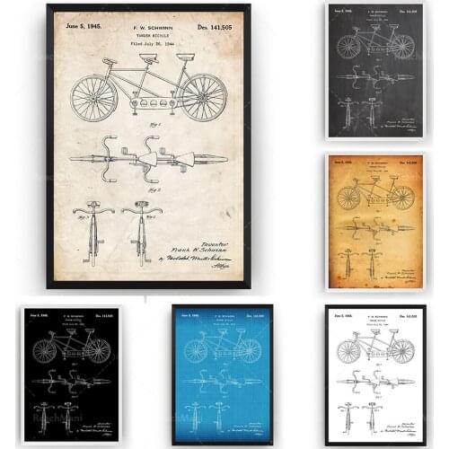 Tandem bicycle 1945 patent printed wall art poster riding blueprint gift