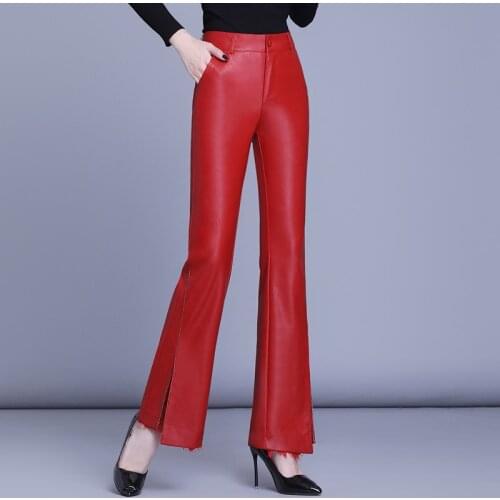 2021 Spring Autumn Women Clothes Lace Patchwork Red Black Pu Leather Pants , Woman Slim Fashion 4xl 5xl Trousers