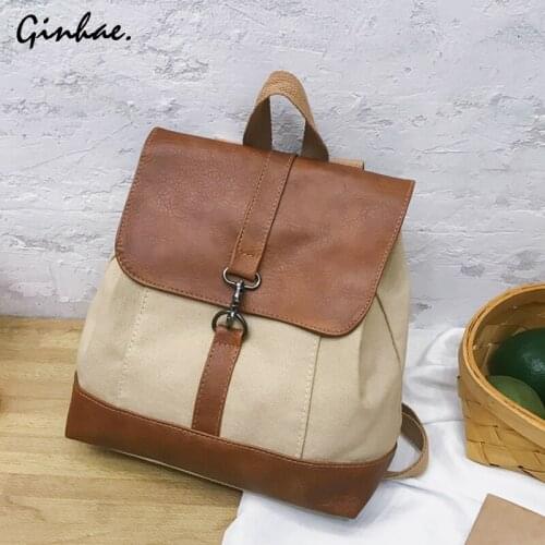 Female Canvas Casual String Backpack Women Simple Patchwork Rucksack Travel Preppy Style School Bag Vintage Girls Shoulder Bags