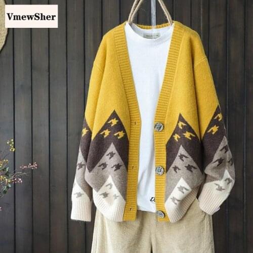 VmewSher New Color Block Knitted Tops Women Cardigans Single Breasted Long Sleeve Sweater Coat Loose Houndstooth Pattern Outwear