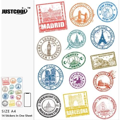 14x Sticker Travel Retro Postmark Luggage Bag Phone iPad MacBook Laptop Notebook Cup Refrigerator Bicycle Car Decal In A4 Size