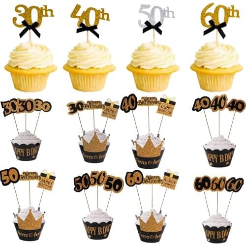 30 40 50 60 Years Old Cupcake Toppers Birthday Party Anniversary Adult Golden 30th 40th 50th 60th Birthday Cake Decorations