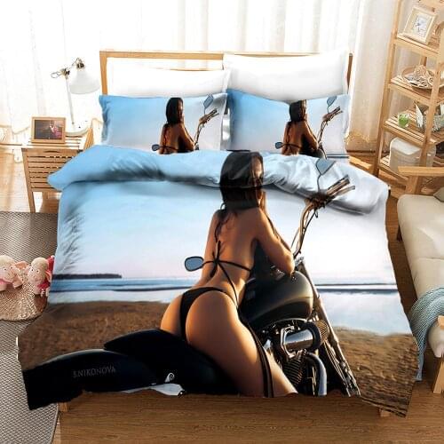 3D Printed Design Motorcycle Bikini Beauty Pattern Bedding Cover Set Quilt Duvet Cover Pillowcases Bed Linens Set 2-3PCS