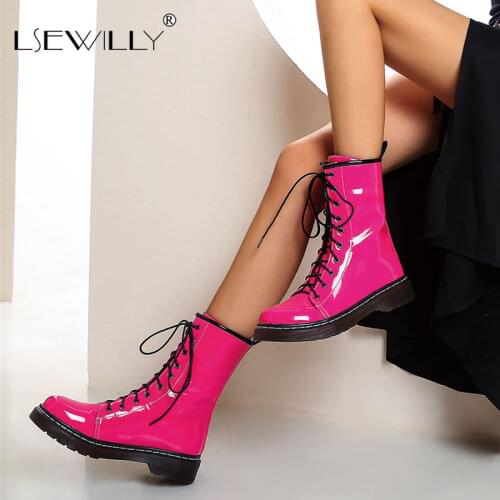 Lsewilly Women Patent Leather Ankle Martin Boots Casual Lace-Up Boots Motorcycle Shoes Warm Women Autumn Winter Heels Shoes