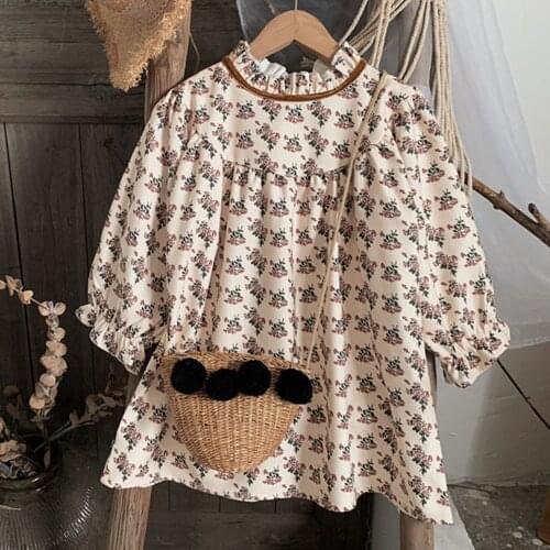 Korean Style Childrens Dresses Loose Casual Print Princess Clothing 2021 New Stand-up Collar Dresses For 1-8 Years Girls Kids