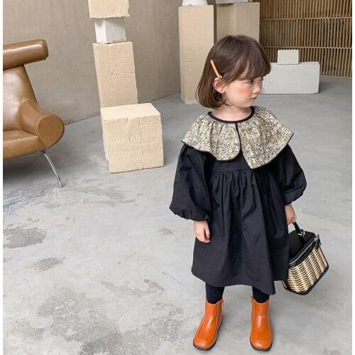 Childrens Retro Dress New 2021 Autumn Baby Girls Floral Big Lapel Black Dresses Korean Long Sleeve Girls Princess Dress 3-8 Y