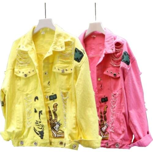 Jeans Jacket New Spring Autumn Womens Graffiti Alphabet Printing Lace Bow Pin Hole Denim Jacket Student Basic Coat Outerwear