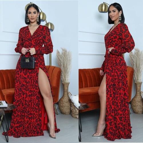 Elegant Split Maxi Dresses Women Leopard Deep V Neck Long Sleeve Party Dress Ladies Sexy Slim Plus Size Dress African Clothes