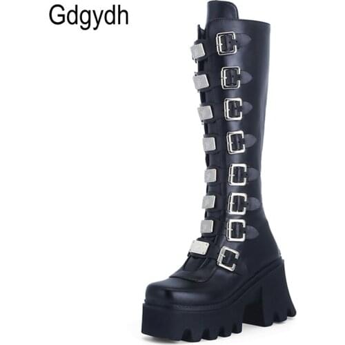 Gdgydh Fashion Metal Buckle Platform Knee High Boots Punk Shoes Woman Brand Design Gothic Cosplay Rubber Sole Darkness Girls