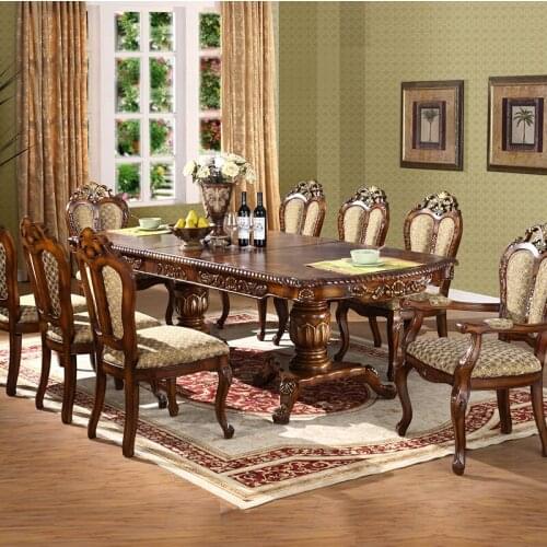 Combination of dining table and chair, American classical carved telescopic rectangular dining table