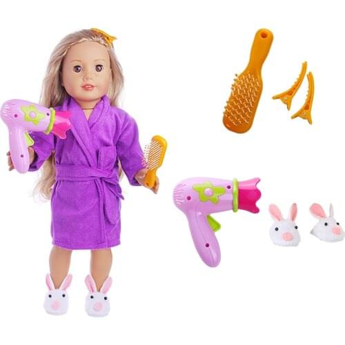 Prognosis suits, hair dryer + comb + hair clips + slippers+Purple bathrobes for 18 inch American doll,Doll accessories