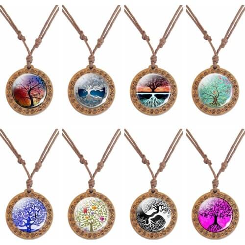 Fashion Wooden Handmade Necklace Vintage Tree of Life Glass Cabochon Pendant Necklaces Long Chains Choker Collares Para Mujer
