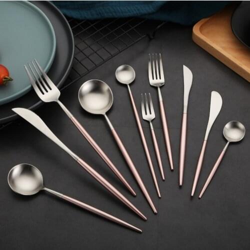 Matte Cutlery Set 18/10 Stainless Steel Silver Spoon Fork Knife Dinnerware Set Chopsticks Kitchen Tableware Set Round Handle