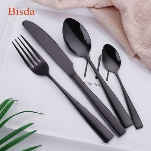 Luxury Black Flatware Set 24Pcs Cutlery Sets Gold Restaurant Flatware Stainless Steel Tableware Square silverware Set