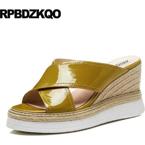 Shoe Espadrilles Pumps Genuine Leather Patent Peep Toe Platform Wedge Sandals Summer Rope Slippers High Heel Women Slides Yellow