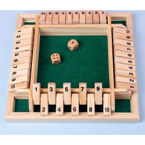 Shut The Box Dice Board Game 4 Sided 10 Number Wooden Flaps & Dices Game Set for 4 People Pub Bar Party Supplies